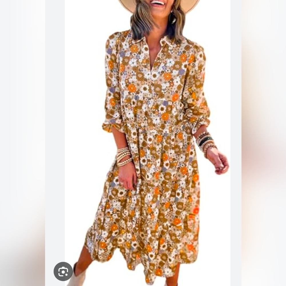 Chic Floral Long Sleeve Dress in Orange and Brown